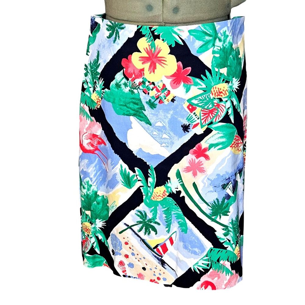 Woman's Talbots boho tropical retreat midi cotton mid zip up pencil skirt 14
